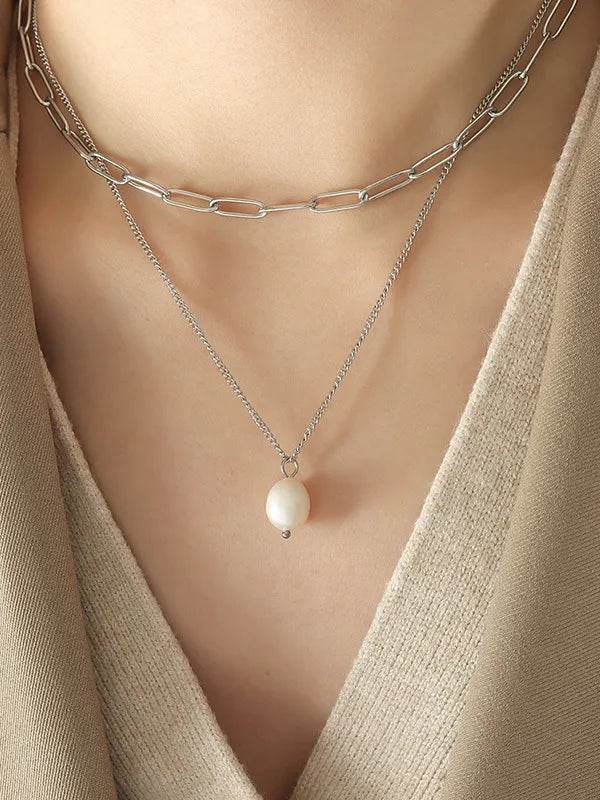 Freshwater Pearl Titanium Steel Double-Layered Necklace - luxurift