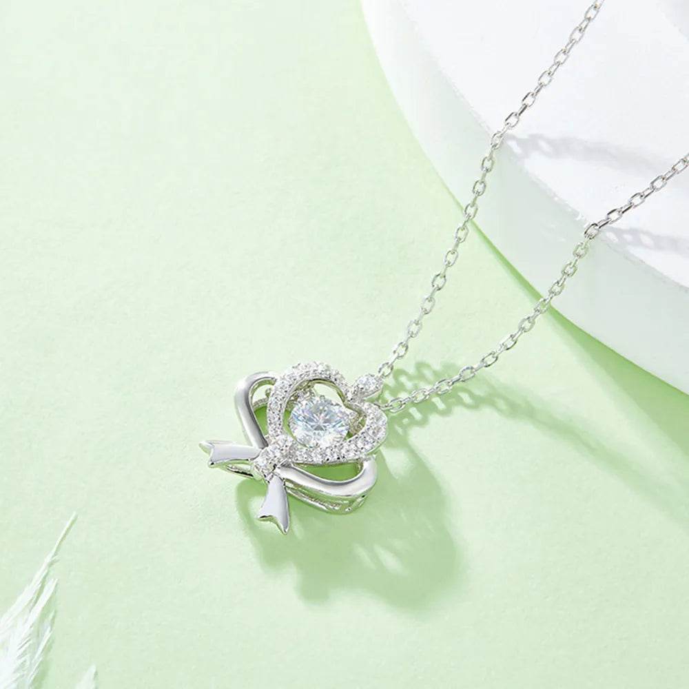 Moissanite 925 Sterling Silver Bow & Heart Necklace - luxurift