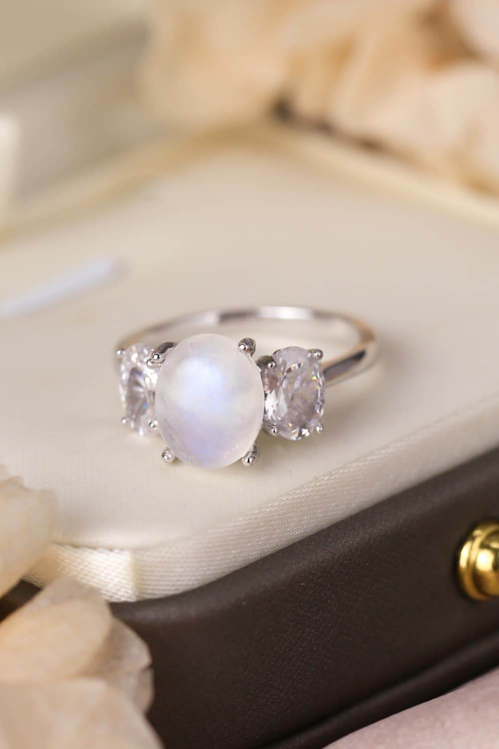 High Quality Natural Moonstone 925 Sterling Silver Three Stone Ring - luxurift