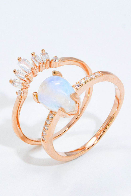 Natural Moonstone and Zircon 18K Rose Gold-Plated Two-Piece Ring Set - luxurift