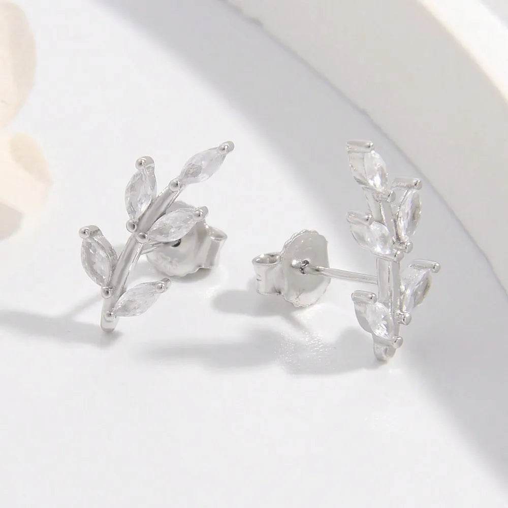 925 Sterling Silver Zircon Leaf Shape Earrings - luxurift