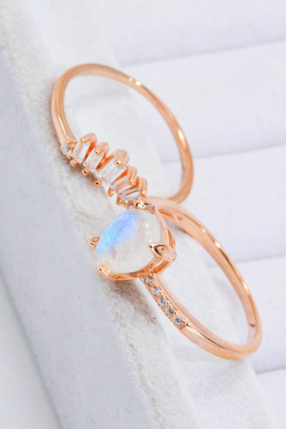 Natural Moonstone and Zircon 18K Rose Gold-Plated Two-Piece Ring Set - luxurift