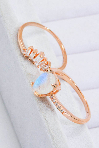 Natural Moonstone and Zircon 18K Rose Gold-Plated Two-Piece Ring Set - luxurift