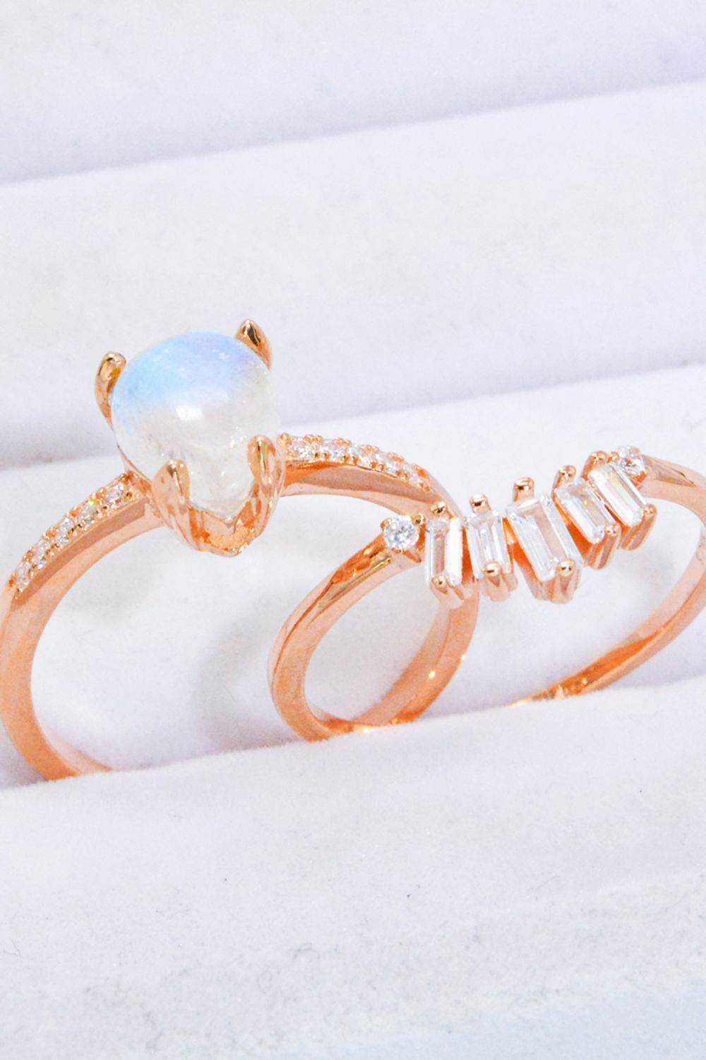 Natural Moonstone and Zircon 18K Rose Gold-Plated Two-Piece Ring Set - luxurift