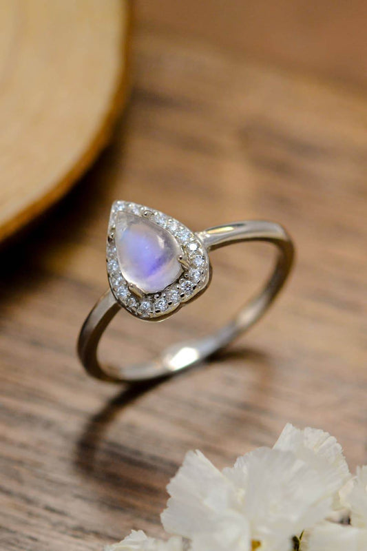 Moonstone Teardrop 925 Sterling Silver Halo Ring - luxurift