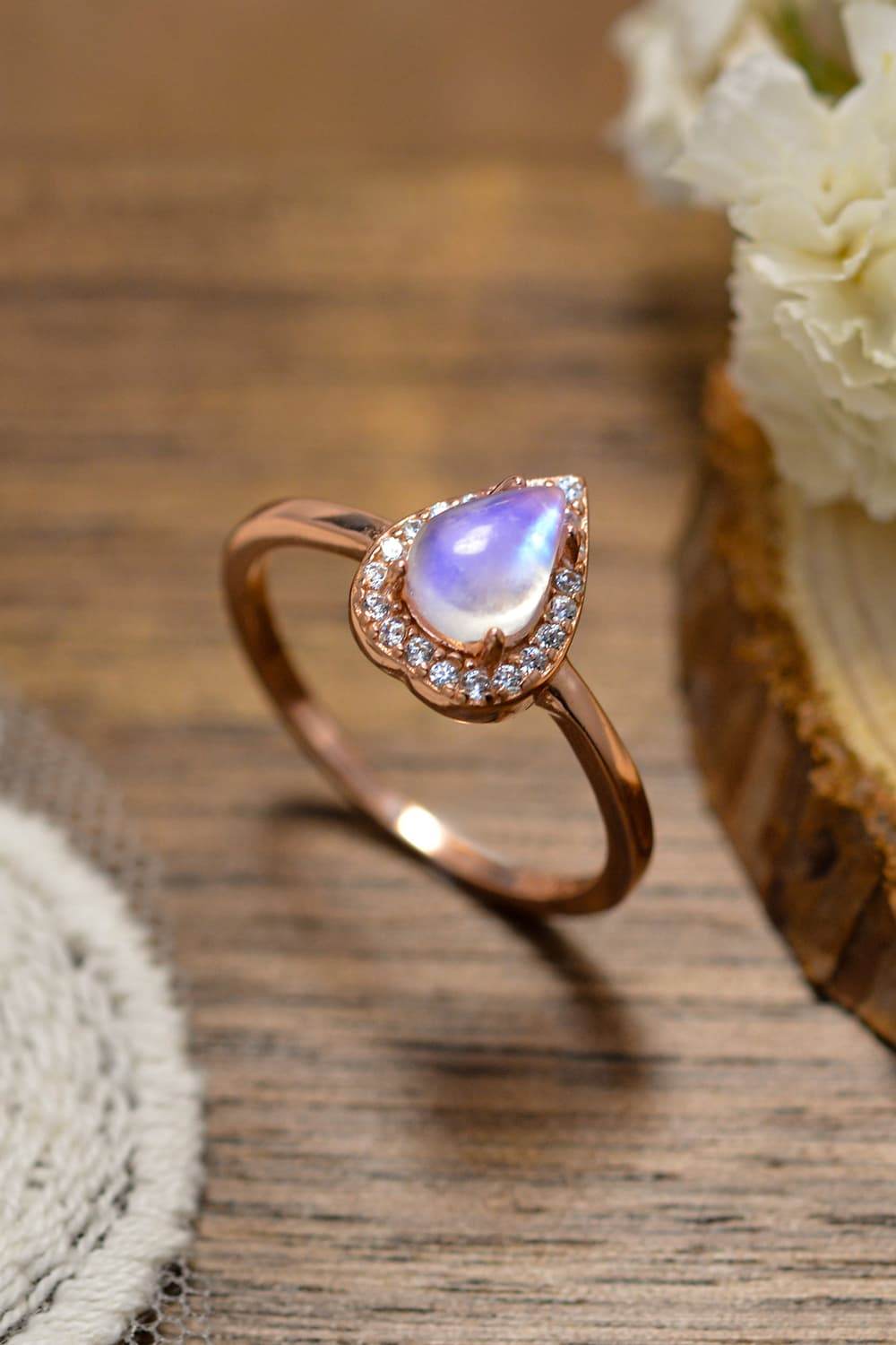 Moonstone Teardrop 925 Sterling Silver Halo Ring - luxurift