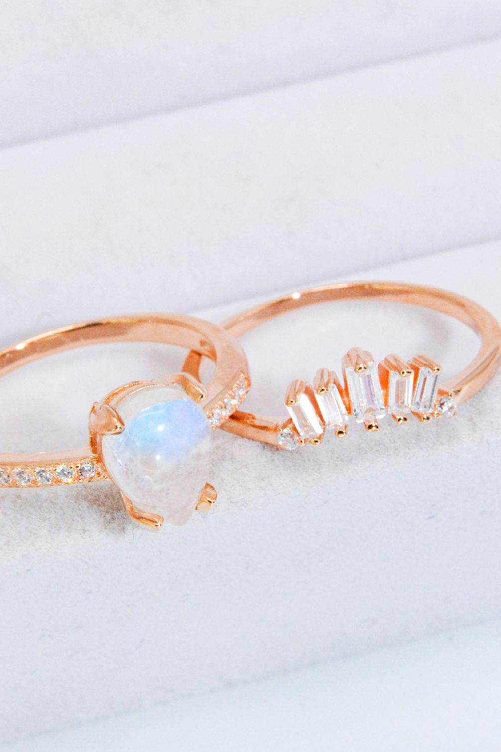 Natural Moonstone and Zircon 18K Rose Gold-Plated Two-Piece Ring Set - luxurift