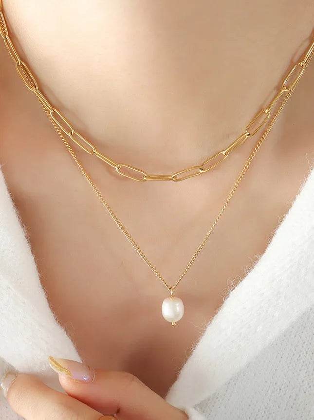Freshwater Pearl Titanium Steel Double-Layered Necklace - luxurift
