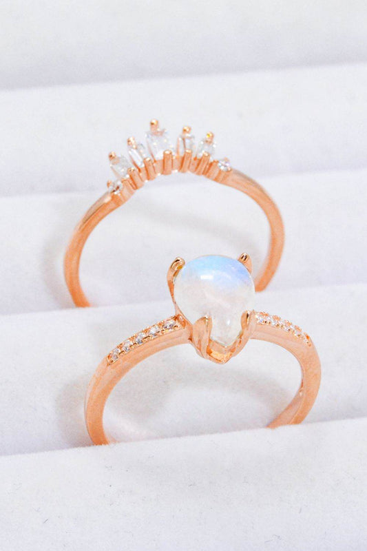 Natural Moonstone and Zircon 18K Rose Gold-Plated Two-Piece Ring Set - luxurift
