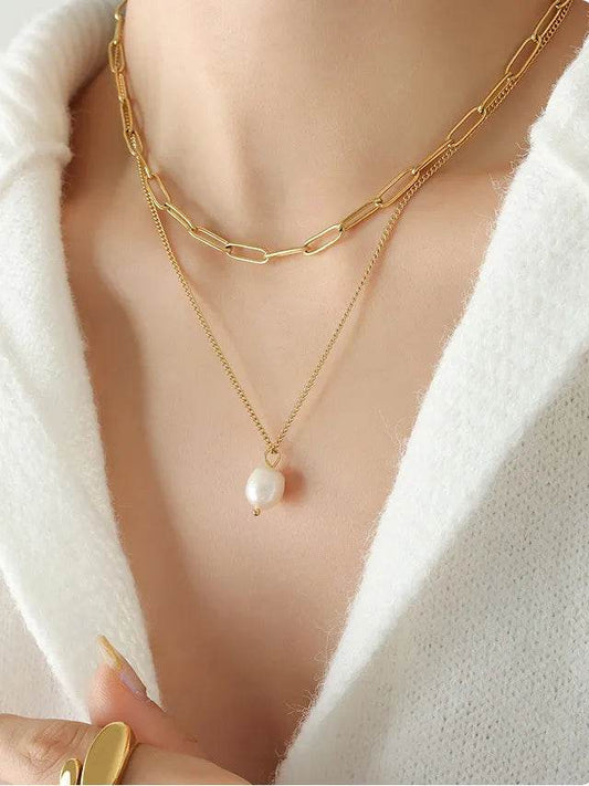 Freshwater Pearl Titanium Steel Double-Layered Necklace - luxurift
