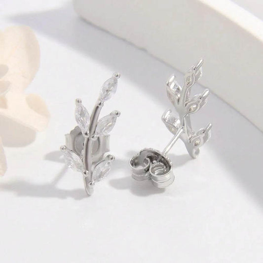 925 Sterling Silver Zircon Leaf Shape Earrings - luxurift
