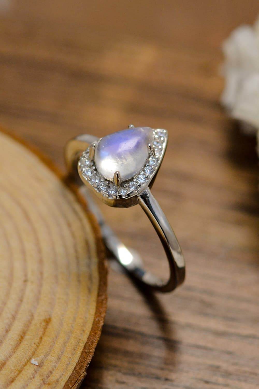 Moonstone Teardrop 925 Sterling Silver Halo Ring - luxurift